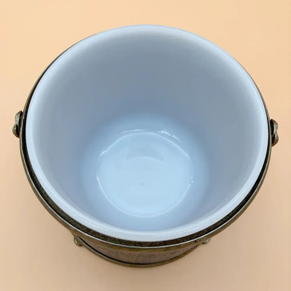 Vintage Ice Bucket Faux Wood Grain Milk Glass Liner Brass Tone MCM Barware